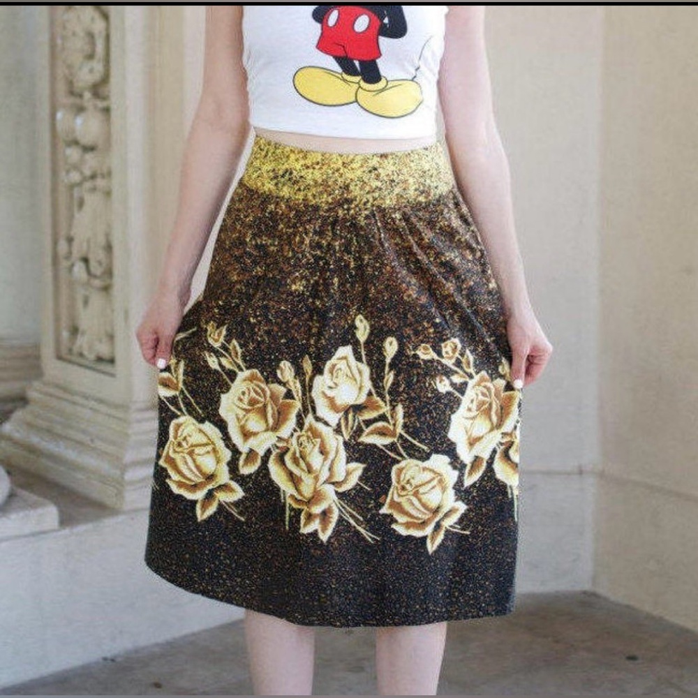 Vintage Skirt Yellow Roses Small Midi